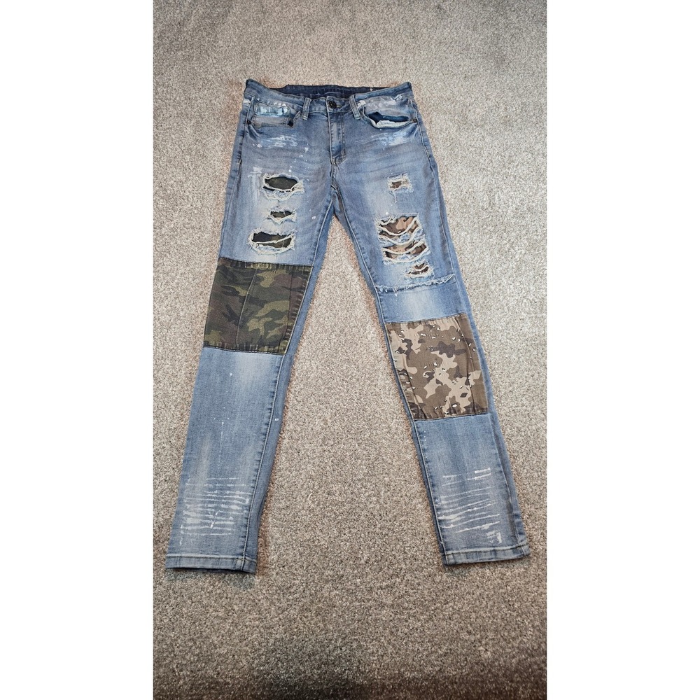 Rue21 Premium Supreme Flex Skinny Distressed Camo Patch Jeans 32x32 Blue